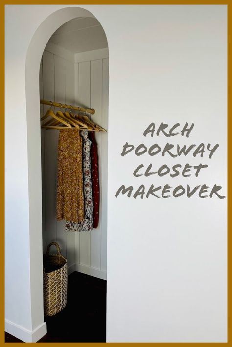 This is my favorite transformation in my house to date!! Who else has this basic closet in their house just waiting to be transformed!? #closetorganization #closetmakeover #closet #beforeandafter #closettransformation #diy #ikeahack #doityourself #buildsbykristen Archways In Homes, Arched Interior Doors, Arched Doorway, Built In Closet, Closet Transformation, Basic Closet, Modern Apartment Living Room, Arch Doorway, Ice House