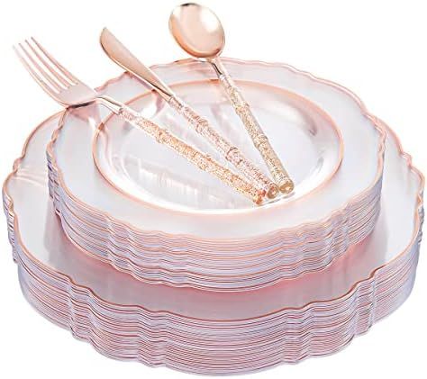 Liacere 150PCS Rose Gold Plastic Plates - Clear Rose Gold Disposable Plates with Glitter Bamboo Handle Cutlery - 60 Baroque Elegant Plates, 30 Forks, 30 Spoons, 30 Knives for Wedding & Mother’s Day Rose Gold Table Decorations, Gold Disposable Plates, Rose Gold Quince, Gold Plastic Plates, Elegant Plates, Gold Cutlery, Plastic Cutlery, House Aesthetic, Wedding Plates