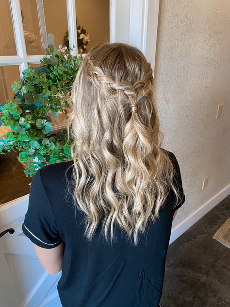 #bridesmaid #bridesmaidhair 
#bridalparty #hair #braid #dutchbraid #formal #hairstyle Curled And Braided Hairstyles, Hair For Hoco Simple, Prom Hairstyles Down With Braid, Curled Hairstyles For Medium Hair Prom, Hairstyles For Prom Medium Length Down, Simple Prom Hairstyles For Medium Hair, Snowcoming Hairstyles, Prom Down Hairstyles For Long Hair, Hoco Hairstyles With Braids