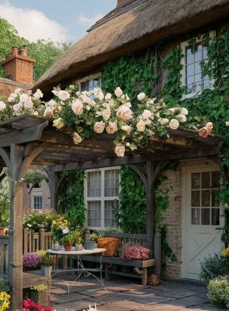 Patio English Garden, English Cottage In The Woods, English Cottage Patio Ideas, English Cottage Style Backyard, English Cottage With Garden, English Country Garden Ideas, Cozy Cottage Garden, Vintage English Decor, English Country Cottage Garden