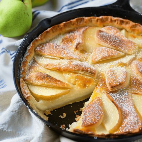 Pear Custard Delight Pear Custard Pie, Pear Pancakes, Pear Custard, Dutch Pancakes, Asian Pear, Sliced Pears, Custard Tart, Pear Recipes, Candy Cakes