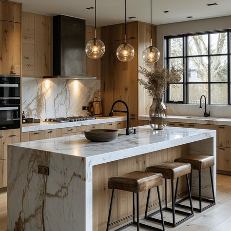 Pros and Cons of Waterfall Countertops: Best Guide Kitchen Island Ideas Wood And Marble, Wood Quartz Countertops, Modern Style Kitchen Interior Design, Thick Countertop Kitchen, Kitchen Remodel Large Island, Water Fall Counter Top, Half Waterfall Island, Waterfall Edge Countertop, Waterfall Peninsula Kitchen