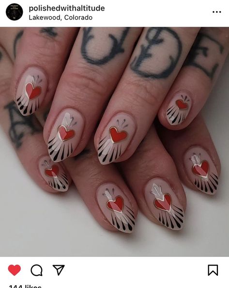 Alternative Spring Nails, Alt Wedding Nails, Goth Valentines Nails Short, Odd Nail Designs, Alternative Valentines Nails, Grunge Valentines Nails, Tattoo Nails Designs, Alt Valentines Nails, Goth Valentines Nails