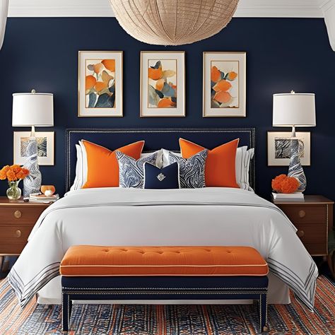 Orange Bedroom Ideas - Modern and Stylish Look Orange Bedroom Ideas for Every Style. Orange And Navy Bedroom, Navy Orange Bedroom, Blue And Orange Bedroom, Bedroom Decor Orange, Lilac Bedroom Ideas, Colorful Bedrooms, Burnt Orange Bedroom, Orange Bedroom Ideas, Orange Accent Walls