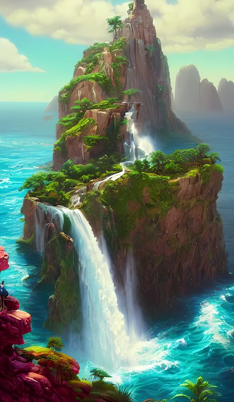 Fantasy Island Waterfall, Ailan on ArtStation at https://www.artstation.com/artwork/Om06Jy Fantasy Island Aesthetic, Fantasy Island Art, Fantasy Tropical Island, Dbd Character, Cliff Waterfall, Fantasy Islands, Fantasy Waterfall, Dragon Island, Island Waterfall