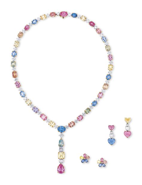 A SUITE OF MULTI-COLOURED SAPPHIRE AND DIAMOND JEWELLERY, BY BULGARI | Jewelry, jewelry set | Christie's Fine Pearl Jewelry, Fancy Sapphire, Bvlgari Jewelry, The Bling Ring, Multi Coloured Necklaces, Small Necklace, Jewellery Sketches, Multi Sapphire, Silver Jewelry Design