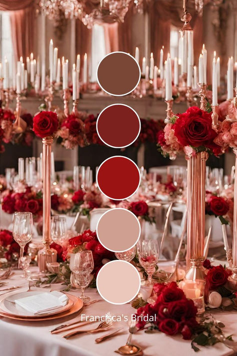 Create an unforgettable wedding reception with this luxurious red and rose gold table setting. The rich red roses are perfectly complemented by rose gold candle holders and elegant glassware, creating a sophisticated and romantic atmosphere. The warm color palette, featuring shades of red, rose, and blush, enhances the opulence of the setting, making it perfect for a grand celebration. #WeddingTableSetting #LuxuryWedding #RedAndGoldWedding #ElegantReception Spring Wedding Theme Ideas, Color Ideas Wedding, Spring Wedding Color Ideas, Spring Wedding Theme, Wedding Theme Ideas, Decor Gift Ideas, Wedding Color Ideas, Wedding Planning Decor, Wedding Color Palette