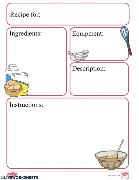 Recipe Writing Ideas, Cooking Worksheets Free Printables, How To Write Recipes, Recipe Writing For Kids, Baking Worksheet, Cooking Worksheets For Kids, Favorite Food Worksheet, Cooking Projects For Kids, Writing Exercises For Kids