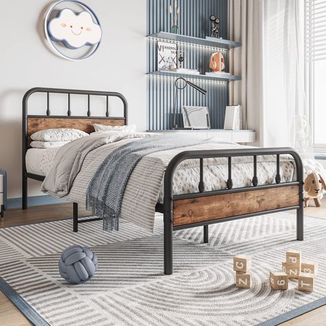 PRICES MAY VARY. *High Quality Bed Frame: This bed frame is made of 100% sturdy metal tube and high quality MDF board. Durable reliable metal construction.Strong mattress support with many steel slats prevents sagging and increases mattress life. *Twin Size Bed Dimension:39.37"(Width)x77.56"(Length)x39.76"(Height),providing optimum support for all of the types of mattresses,no box springneeded.Has kind of a mild industrial look to it without being overly trendy. Very suitable for your bedroom. * Simple Boys Bed, Boy Room Two Full Beds, Western Boys Bed, Boys Shared Room Full Size Beds, Little Boys Room With Full Size Bed, Twin Bed Bedding Boys, Rustic Bed For Boys, Black Rod Iron Bed Boys, Black And White Farmhouse Bed