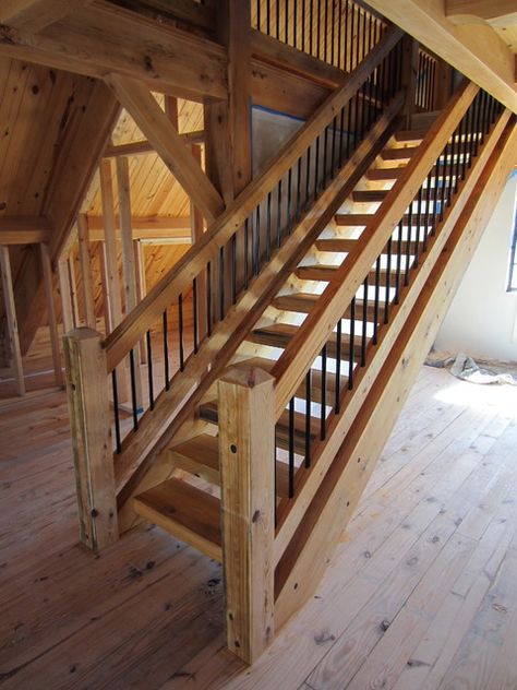 timber frame stair railings Rustic Wood Railings For Stairs, Timber Frame Stairs, House Railings Indoor, Rustic Staircase Farmhouse Style, Cabin Staircase, Cabin Stairs, Rustic Staircase, Rustic Stairs, Timber Stair