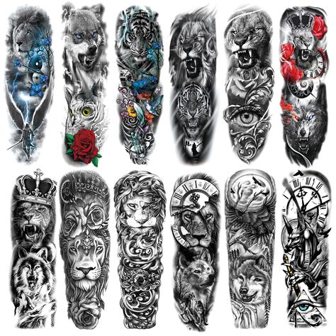 LEOARS 12-Sheet Full Arm Sleeve Temporary Tattoos Arm Tattoos Tiger, Full Sleeve Tattoos For Guys, Voll Arm-tattoos, Tattoo Bras Homme, Realistisches Tattoo, Sleeve Tattoos For Guys, Animal Sleeve Tattoo, Large Temporary Tattoos, Arm Temporary Tattoos