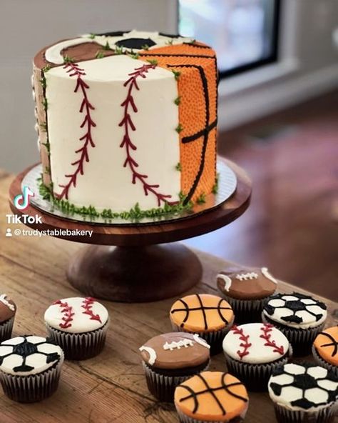 All Sports Theme Cake, Sports Themed 1st Birthday Party, Sports Ball Cupcakes, Soccer And Baseball Cake, Sport Themed Cupcakes, Sports Birthday Cupcakes, Multi Sport Birthday Party, Sports Birthday Party Cake, Multi Sports Cake