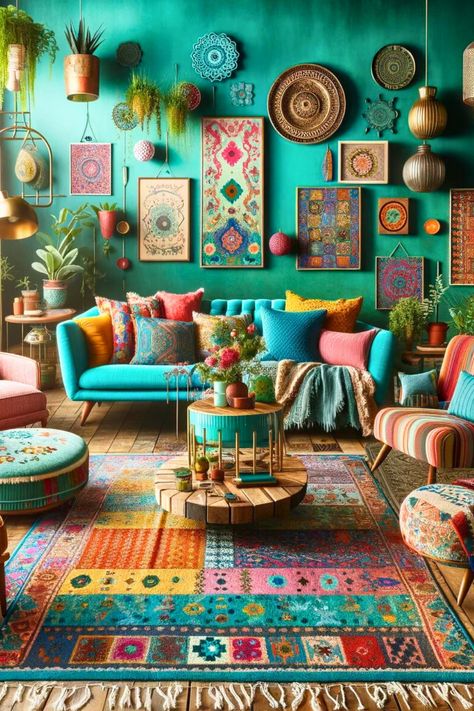 30 Modern Boho Living Room Ideas for 2024 – The Crafty Hacks Boho Bonus Room Ideas, Bright Colored Living Room, Bohemian Maximalist Decor, Boho Colorful Living Room, Bright Boho Living Room, Boho Glam Living Room, Eclectic Boho Home, Bohemian Decorating Ideas, Colorful Boho Living Room