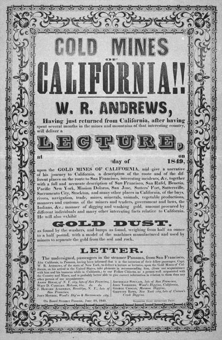 Library Exhibits :: Gold Rush. From an article about the Goldrush on the Villanova University website. Gold Rush Poster, Gold Rush Party, Rush Poster, Lecture Poster, Villanova University, Classroom Organization Elementary, California Gold Rush, Gold Map, Homeschool Social Studies