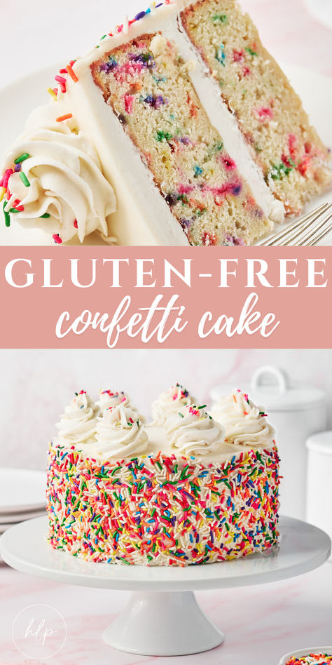 a tall pin of gluten free confetti cake with a slice and the whole cake Gluten Free Rainbow Cake, Gluten Free Bday Cake, Gluten Free Confetti Cake, Fluffy Gluten Free Cake, Birthday Cake Gluten Free, Gluten Free Birthday Cake Ideas, Lactose Free Cake Recipe, Gluten Free Smash Cake, Celiac Desserts