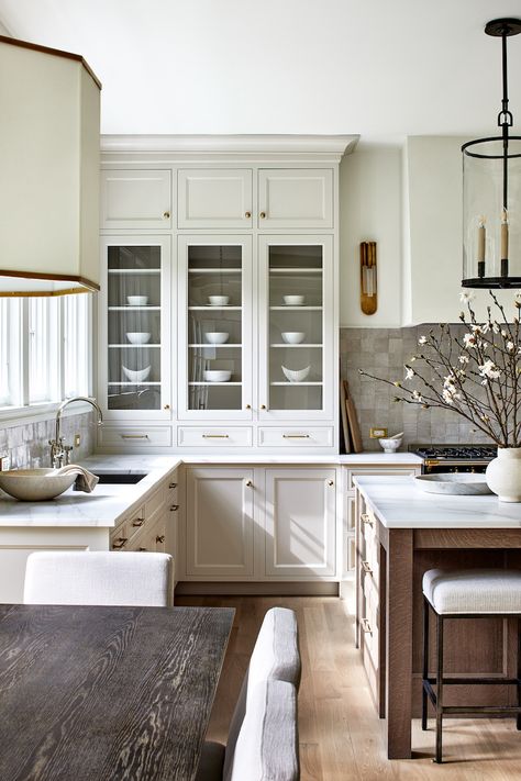 custom cabinetry, creamy white kitchen, white oak, white island, classic kitchen, English kitchen, white kitchen, custom tile Tudor Style Kitchen, Voxtorp Ikea, Kitchen Colours, Classic White Kitchen, Harrison Design, Residential Development, Classic Kitchen, Cabinetry Design, Cabinet Ideas