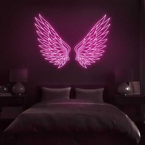 'Angel Wings' Neon Sign Angel Neon Sign, Bedroom Wall Lights Above Bed, Neon Room Signs, Neon Signs Room, Wallpaper Ideas Bedroom, Neon Signs For Room, Neon Light Room, Neon Room Decor, Neon Lights Bedroom