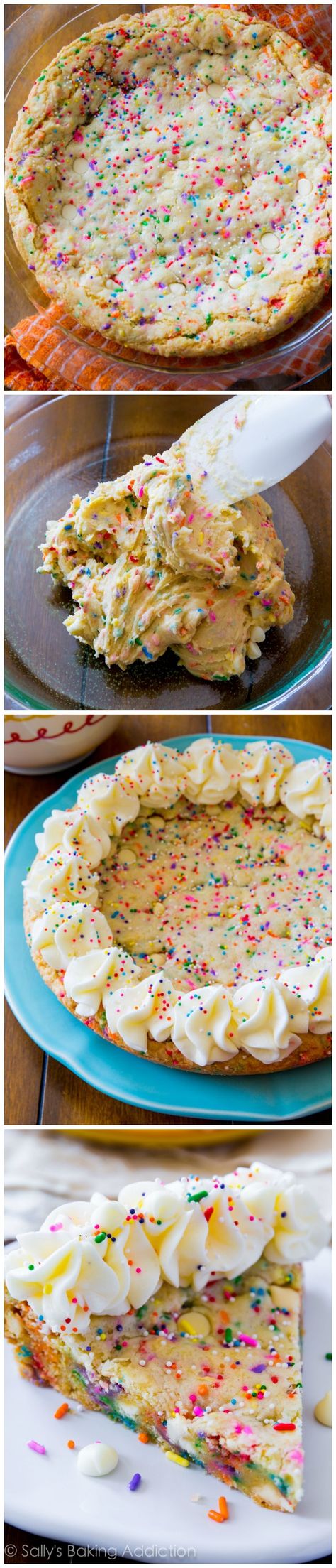 Fun alternative for a birthday cake.  Funfetti Sugar Cookie Cake - soft, chewy, thick, and loaded with sprinkles and white chocolate chips! Sugar Cookie Cake, Cake Funfetti, Sugar Cookie Cakes, White Choc, Cookie Cakes, Lord Help, Cake Making, Yummy Sweets, How Sweet Eats