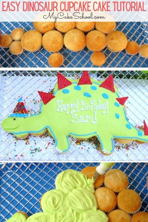 Pull Apart Dinosaur Cake, Dinosaur Cake With Cupcakes, Dinosaur Cake Cupcakes, How To Make Dinosaur Cake, Cupcake Cakes Dinosaur, Easy Dinosaur Birthday Cake, Stegasorus Dinosaur Cake, Easy Dinosaur Cake Ideas, How To Make A Dinosaur Cake