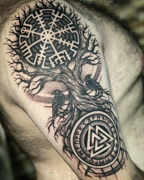 101 Best Viking Tree of Life Tattoo Ideas That Will Blow Your Mind! - Outsons Viking Tree Of Life Tattoo, Tree Of Life Tattoo Ideas, Life Tattoo Ideas, Yggdrasil Tattoo, Viking Compass Tattoo, Viking Tree Of Life, Viking Rune Tattoo, Rabe Tattoo, Viking Warrior Tattoos