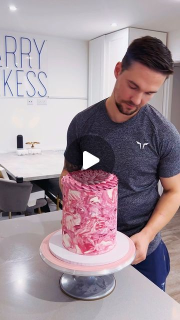 Harry Shakespeare on Instagram: "💕PINK💕  A marble effect pink buttercream cake 😍  This cake is all dairy free, something that can be a challenge with tall cakes to keep stable! This come came out good 🌱  The base of this tall 6 inch cake is vegan vanilla sponge with dairy free strawberry buttercream and homemade strawberry jam filling. Can’t wait to dive into this later!  This cake was made for my wife’s birthday today, we opt for dairy free so that our son Rio who has a  milk and eggs allergy can eat some too ❤️  Let me know what you think!  You can get my American buttercream recipe from my website HarryBakess.com I just swap out the unsalted butter block and cream for dairy free alternatives ✅  Colours @colour.mill code HARRY10 for 10% off Board @olbaa_cake_box  code HARRY10 for 10% Pink Buttercream Cake, American Buttercream Recipe, 6 Inch Cake, Food Reels, Butter Block, Pink Buttercream, American Buttercream, Buttercream Cake Designs, Torte Decorate