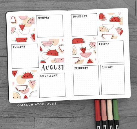 Bullet Journal Fruit Theme, Summer Bujo, July Bujo, August Journal, Aesthetic Planners, Bujo Themes, Goals Bullet Journal, Creating A Bullet Journal, Bulletin Journal Ideas