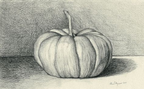 Pumpkin Shading, Fall Still Life Drawing, Fruit Drawing Pencil Sketches, Pumpkin Pencil Drawing, Realistic Pumpkin Drawing, Pumpkins Drawing, Pumpkin Draw, Pumpkin Charcoal Drawing, Drawing Pumpkins