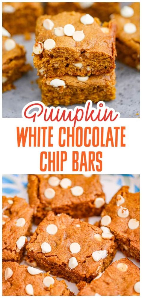 Indulge in the warm, comforting flavors of fall with these quick and easy homemade Pumpkin White Chocolate Chip Bars. These chewy dessert bars combine the seasonal taste of pumpkin with the sweet touch of white chocolate chips, creating the best fall dessert that's simply irresistible. Ideal for those cozy autumn evenings, these bars are your new favorite comfort food. Enjoy the perfect blend of pumpkin and white chocolate in every bite! White Chocolate Chip Bars, Moist Pumpkin Bars, Pumpkin White Chocolate, White Chocolate Bars, Chip Bar, Blondie Recipes, Classic Pumpkin Pie, Cookie Recipes From Scratch, Lemon Bars Easy