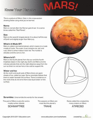 Third Grade Earth & Space Science Worksheets: Know Your Planets: Mars Third Grade Science Worksheets, Mars Facts, Mars Project, Science Experiments Kids Elementary, Planet Project, Mars Planet, Third Grade Science, Earth And Space Science, Mission To Mars