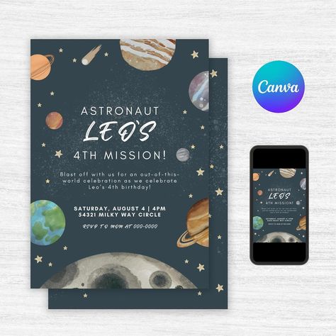 Blast off into the stars with our latest space-themed invitation! 🪐🌟 Perfect for celebrating your little astronaut’s special day! Customizable details Fun space-themed graphics Ideal for a galactic birthday bash Available Now on Etsy: Tap the link in our bio to explore this design and make your event stand out!🛸🌌 #SpaceParty #DigitalInvites #EtsyShop #PartyPlanning #KidsBirthday #GalacticFun Space Themed Birthday, Astronaut Birthday, Space Birthday Party, Colorful Space, Space Birthday, Space Party, Invitation Digital, Digital Invitation, Birthday Party Invitation