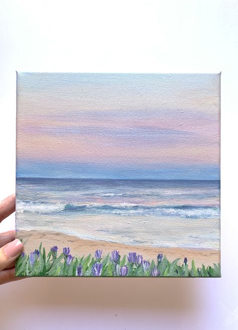 Canvas Aesthetic Ideas, Easy Painting Ideas On Canvas Landscapes, Simple Painted Canvas Ideas, Painting Puzzle Pieces Ideas, Nature Simple Painting, Small Painting Ideas Acrylic, Simple Seascape Painting, Flat Canvas Painting, Diy Acrylic Flower Painting