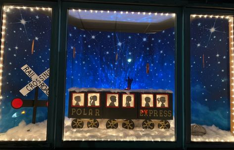 Polar Express Window Polar Express Window Painting, Polar Express Window Display, Polar Express Backdrop, Polar Express School Decorations, Polar Express Decor, Polar Express Theme, Polar Express Movie, Binder Ideas, Christmas Door Decorating Contest