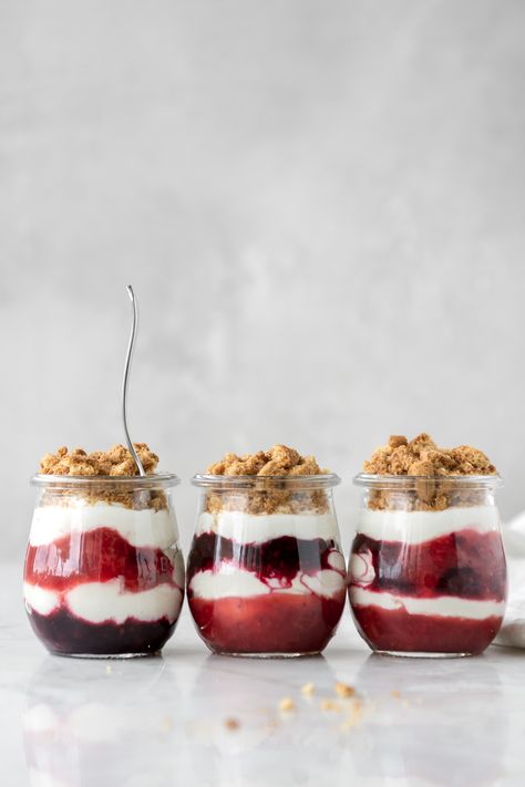 cheesecake parfait with fresh berry jam Cheesecake Parfait, Healthy Cheesecake Parfait, Berry Parfait Dessert, Mixed Berry Parfait, Strawberry Cheesecake Yogurt Parfait, Strawberry Cheesecake Parfaits, Berry Parfait, Roasted Rhubarb, Cheesecake Parfaits