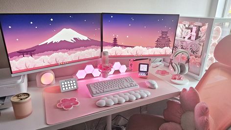 Pink and white gaming setup. White And Pink Computer Setup, White Dual Monitor Setup, Gaming Setup Two Monitors, Sakura Gaming Setup, Dual Pc Setup, Cherry Blossom Gaming Setup, White And Pink Gaming Setup, Pink And White Pc Setup, Pink And White Gaming Setup