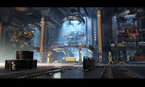 Sci Fi Garage, Scifi Factory, Sci Fi Hangar, Sci Fi Factory, Factory Concept Art, Futuristic Factory, Sci Fi Environment Concept Art, Sci Fi Floor, Robot Factory