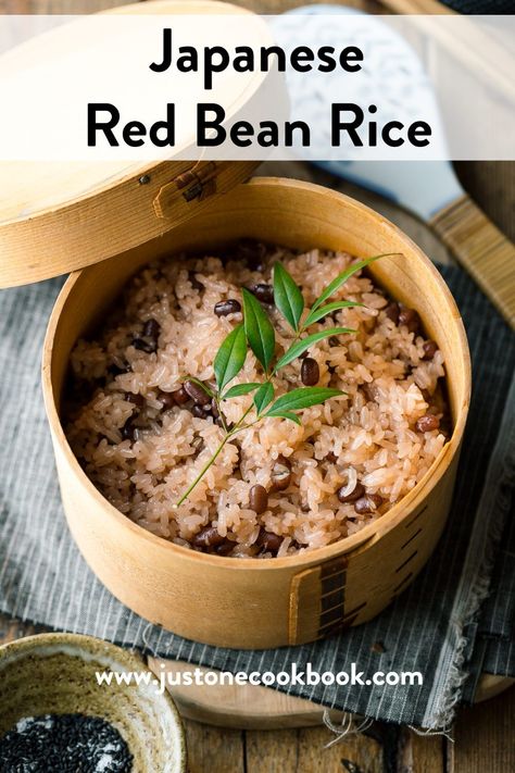 Sekihan or Red Bean Rice is a traditional rice dish served on happy occasions in Japan. Glutinous rice is cooked with azuki beans till chewy and tender and topped with a sprinkle of salt and black sesame seeds. #japanesefood #japaneseculture #rice #vegan #asianfood | More Japanese Recipes, Travel & Culture on JustOneCookbook.com Red Bean Soup Japanese, Asian Rice And Beans, Sekihan Recipe, Japanese Meals Traditional, Red Bean Recipe, Red Bean Recipes, Azuki Bean Recipes, Adzuki Bean Recipes, Traditional Japanese Recipes