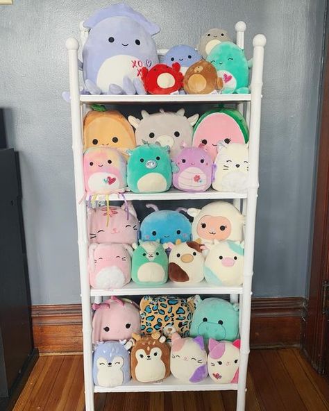 Squishmallows!! shared a post on Instagram: "Today was a day of organization! This is my 8” and 5” collection. I spent a few hours cleaning and painting this old shelf to put them on display. Swipe to see how I used to arrange them. ❀ ❀ ❀ ❀ ❀ #squishmallowhunting #squishmallows #squishmallow #squishmallowsquad #squishmallowsofinstagram #squishmallowsofinsta #squishmallowcommunity #squishmallowcollector #squishmallowssquad #squishmallowdisplay #explore #explorepage". Follow their account to Where To Store Squishmallows, Storing Squishmallows, How To Display Plushies, Squishmallow Organization Ideas, Squishmallows Organization, Squishmallow Storage Ideas, Squishmallow Display Ideas, Squishmallow Shelf, Squishmallows Display