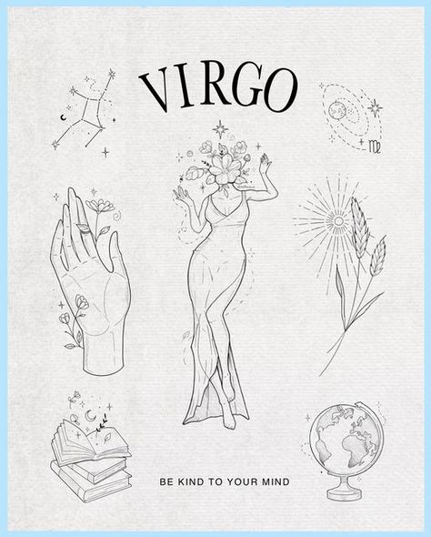 SOFTBOY on Instagram: "Virgo tattoo flash! ♍️✨🌾 Link in bio to claim How we feeling about these? - #tattooflash #virgoseason #digitalart #lineart #torontotattoo #flashtattoo #tattooideas #tattooinspo #tattoodrawing #virgo" Tattoo Sleeve Astrology, Virgo Related Tattoos, Virgo Patchwork Tattoo, Best Virgo Tattoos, Zodiac Signs Virgo Tattoo, Tattoo Ideas For Virgos, Delicate Virgo Tattoo, Virgo Flash Sheet, Virgo Arm Tattoos For Women