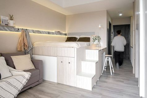 Tiny Studio Apartments, Micro Apartment, Apartment Makeover, Basement Apartment, Tiny Apartments, Tiny Studio, Dekorasi Kamar Tidur, Tiny Spaces, Tiny Apartment