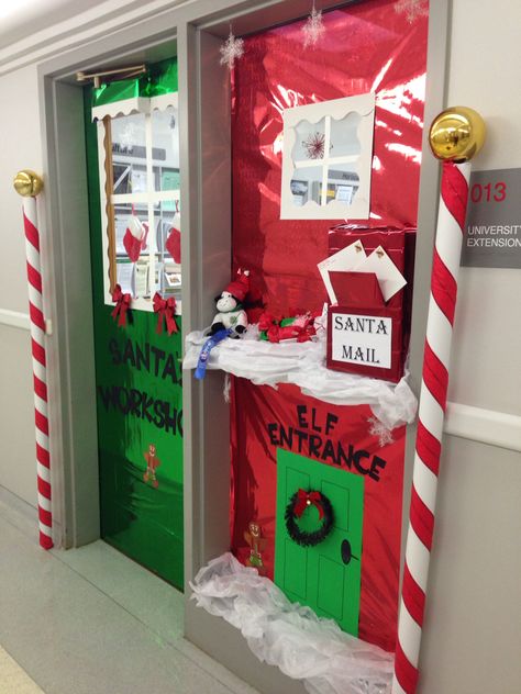 Holiday Themed Door Decorations, Christmas Door Inspo Classroom, Santa Workshop School Hallway, Christmas Door Decorating Contest Two Doors, North Pole Christmas Decor Classroom, Santa’s Workshop Door Decorating, Santas Workshop Classroom Door Ideas, Santa’s Workshop Room Transformation, Santa Claus Door Decorations For School