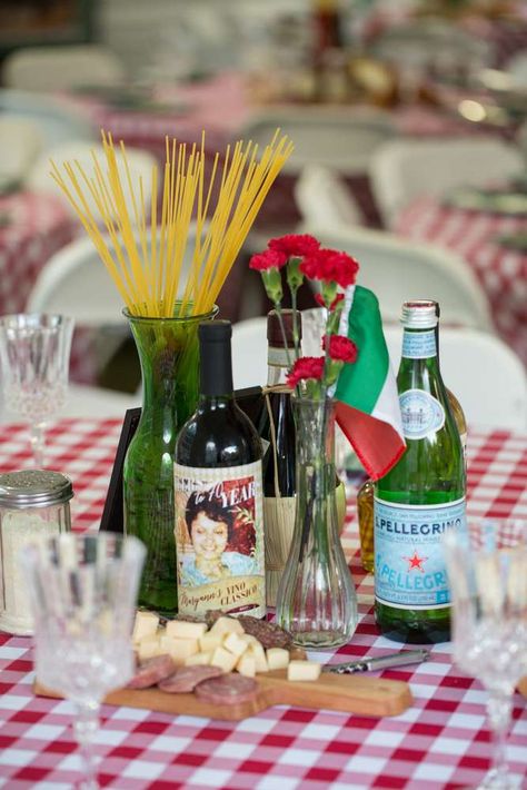 Taste Of Italy Party Decorations, Italian Party Decorations Diy, Italian Event Decor, Europe Themed Party, Italian Restaurant Party Theme, Italy Theme Birthday Party, Pasta First Birthday Party, Italian Dinner Centerpiece Ideas, Tuscany Birthday Party Ideas