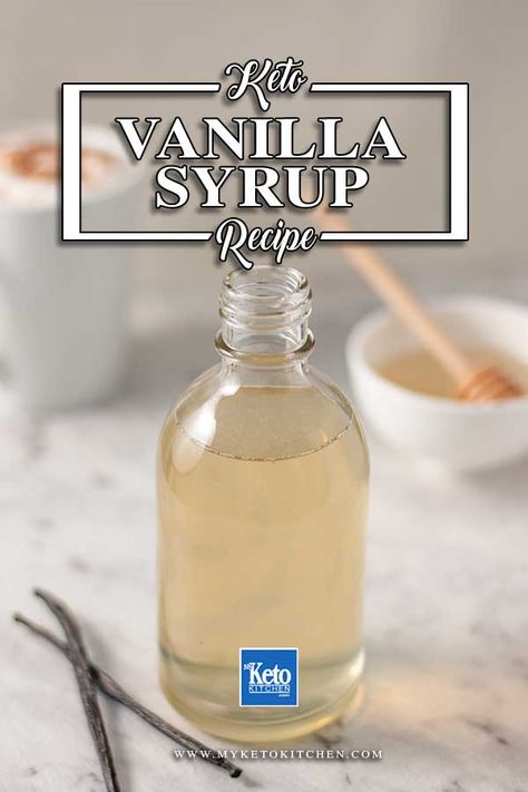 Sugar-Free Vanilla Syrup - ZERO Carb Keto Recipe. Delicious simple syrup recipe made with xylitol. It's quick and easy to make and even easier to make other flavors like hazelnut, strawberry or caramel. #ketorecipes Keto Vanilla Syrup For Coffee, Keto Simple Syrup Recipe, Homemade Sugar Free Coffee Syrup, Keto Coffee Syrup, Vegan Syrup, Sugar Free Simple Syrup Recipe, Keto Syrup Recipe, Vanilla Syrup Recipe, Sugar Free Syrup Recipe