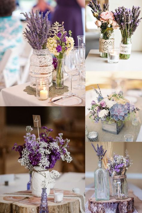 rustic lavender wedding centerpieces #weddings #weddingcolors #weddingideas Lavender And Purple Wedding Decor, Lavender And Grey Wedding Centerpieces, Lavendar Wedding Table Decor, Lavender Plant Wedding, Sage And Lavender Wedding Centerpieces, Wedding Flower Diy, Centerpieces With Lavender, Lavender Centerpieces Table Decorations, Lilac Wedding Centerpieces