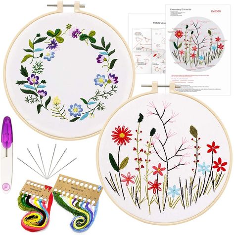 AmazonSmile: 2 Pack Embroidery Starter Kit with Pattern, Cross Stitch Kit Embroidery Kits for Beginners with Plants Flowers Pattern, Plastic Embroidery Hoops, Color Threads and Tools Kit Plastic Embroidery, Embroidery 101, Stamped Embroidery Kit, Cross Stitch Beginner, Creative Arts And Crafts, Flower Ornaments, Embroidery For Beginners, Plants Flowers, Embroidery Fabric