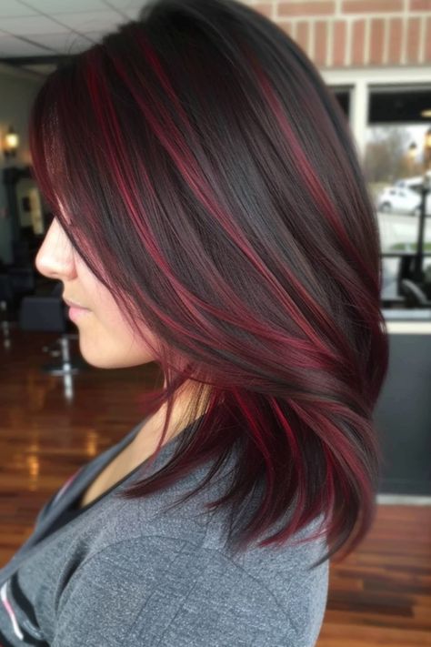 Burgundy Red Highlights On Dark Hair, Scarlett Hair Color, Black With Red Streaks, Red Lowlights For Brunettes, Red Highlights With Brown Hair, What Color Highlights For Brown Hair, Hight Light Hair Styles, Red Highlights On Black Hair Indian, Black Hair With Red Lowlights