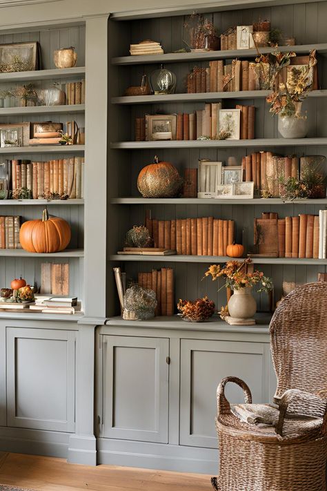 Bookcase Decorated for Fall Decorating With Bookcases, Autumn Decor Shelves, Books Kitchen Decor, English Snug Room Ideas, Cottage Style Fall Decor, Fall Bookshelves Decor, Fall Shelves Decor Ideas, Farmhouse Built Ins Living Room, Fall Bookcase Decor Ideas