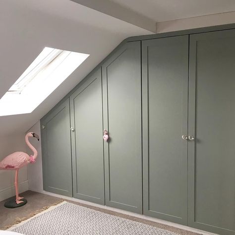 Fitted wardrobes in Farrow & Ball 'Pigeon'. #loftroom #wardrobes #farrowandball Attic Storage Space, Attic Storage Solutions, Loft Conversion Bedroom, Attic Bedroom Designs, Modern White Bathroom, Attic Closet, Loft Storage, Small Attic, Attic Flooring