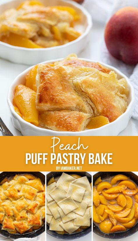 A peach puff pastry bake served in a white dish on a white surface with a fresh peach in the background. Peach Puff Pastry Bake, Fresh Peach Puff Pastry Desserts, Peach Dessert With Puff Pastry, Puff Pastry And Peaches, Peach Cobbler Puff Pastry, Peach Danish Puff Pastries, Puff Pastry Recipes Dessert Fruit, Puff Pastry With Peaches, Peach Cobbler With Puff Pastry Crust