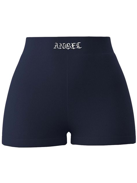 Navy Blue Sporty Collar  Polyester Letter Biker Shorts Embellished Slight Stretch Spring/Summer/Fall Women Bottoms Navy Blue Clothes, Short Shein, Shorts Grunge, Sporty Clothes, Short Azul, Cute Bottoms, Shein Shorts, Women Bottoms, Shein Icon