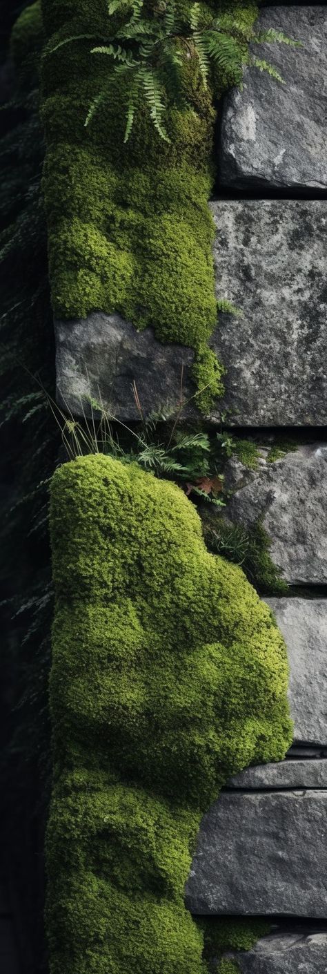 A close-up of lush moss growing on a beautiful stone wall, showcasing the organic texture and calming greenery of this natural feature. Moss Close Up, Moss Building, Moss On Stone, Moss Aesthetic, Moss Texture, Moss Growing, Stone Walls Garden, Cinder Block Walls, Paris Hotel